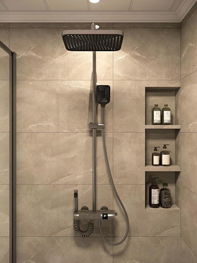 Concealed shower mixer with integrated shelf and jets