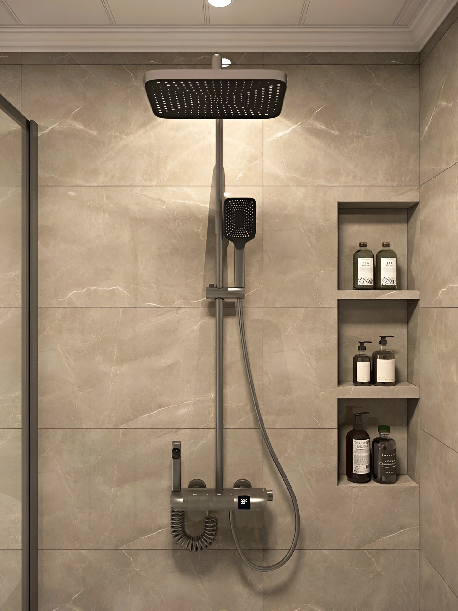 Concealed shower mixer with integrated shelf and jets